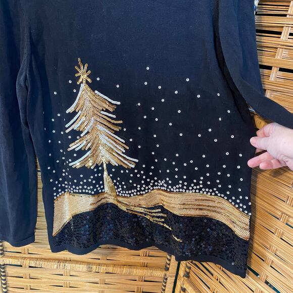 Draper’s & Damon’s Sequin Christmas Tree Top Black Gold Large holiday party - Picture 4 of 7